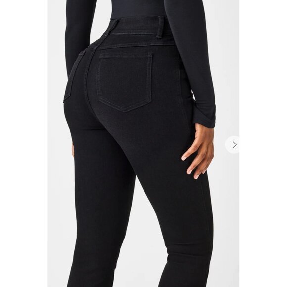 SPANX Shape Flare Jeans Women Medium Petite Black High Rise Wide Leg Classic - Picture 2 of 12